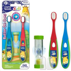 imageGuruNanda Butter on Gums Toddler Toothbrush with Sand Timer Extra Soft Bristles for Kids Age 2 Toothbrush with Tongue Cleaner ampamp Brush Cap 2 PackToddler Toothbrush
