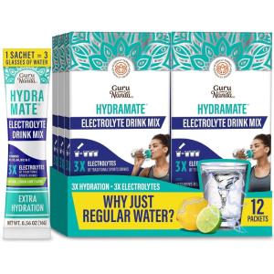 imageGuruNanda Hydramate Hydration Support Drink Mix  Electrolyte Powder Packets for Dehydration Exercise ampamp Energy  No Added Sweeteners NonGMO Natural Lemon Lime Flavor  48 Count 056 oz Each12 Servings Pack of 1