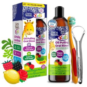 imageGuruNanda Kids Oil Pulling AlcoholFree Mouthwash Essential Oils ampamp Vitamins for Fresh Breath ampamp Happy Gums for Ages 6 ampamp up Natural Berry Lemon Rose 8 Oz