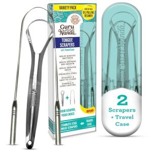 imageGuruNanda Kids Tongue Scraper 2Pack with Travel Case Stainless Steel Aids in Fresh Breath  TravelFriendly Tongue Cleaner GreenPinkOrangePack of 2  Combo Set With Travel Case