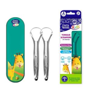 imageGuruNanda Kids Tongue Scraper 2Pack with Travel Case Stainless Steel Aids in Fresh Breath  TravelFriendly Tongue Cleaner GreenPinkOrangePack of 2  Kids Spoon Shaped