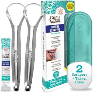 imageGuruNanda Kids Tongue Scraper 2Pack with Travel Case Stainless Steel Aids in Fresh Breath  TravelFriendly Tongue Cleaner GreenPinkOrangePack of 2  Spoon Shaped