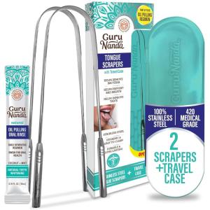 imageGuruNanda Kids Tongue Scraper 2Pack with Travel Case Stainless Steel Aids in Fresh Breath  TravelFriendly Tongue Cleaner GreenPinkOrangePack of 2  U Shaped
