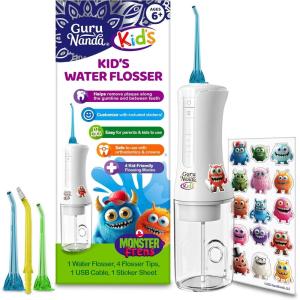 imageGuruNanda Kids Water Dental Flosser  4 Flossing Modes 4 Nozzles 2Min Smart Timer Ages 6 Monster Frens Theme Portable Oral Care for Kids
