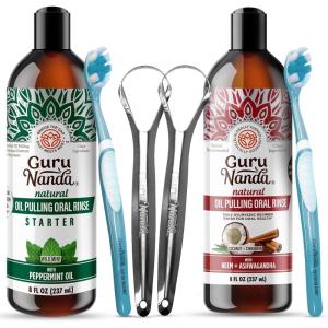 imageGuruNanda Coconut ampamp Peppermint Oil Pulling 8 FlOz and Ashwagandha Oil Pulling 8 Fl Oz Alcohol Free Whitening Mouthwash for Fresh Breath ampamp Whiter Teeth