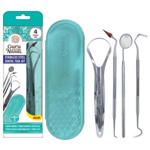 imageGuruNanda Professional Stainless Steel Dental Kit with Tongue Scraper Dental Mirror Scaler ampamp Gum Stimulator  4 Piece Tools Set1 Count Pack of 4