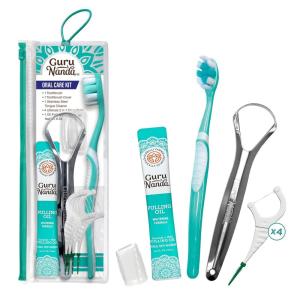 imageGuruNanda TravelFriendly Oral Care Kit 1 Butter on Gums Toothbrush 1 Tongue Scraper 4 DualAction Floss Picks 1 Coconut ampamp Mint Oil Pulling SachetTeal