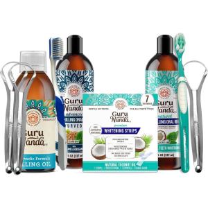 imageGuruNanda Advanced Formula Oil Pulling with Tongue Scraper Original Oil Pulling Mickey Ds Coconut and Peppermint Oil Pulling ampamp Express Whitening Strips for Fresh Breath ampamp Healthy Teeth ampamp Gums