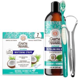 imageGuruNanda Coconut ampamp Mint Oil Pulling with Tongue Scraper ampamp Teeth Whitening Strips  7 Treatments with 14 Strips  EnamelSafe Strips for Sensitive Teeth