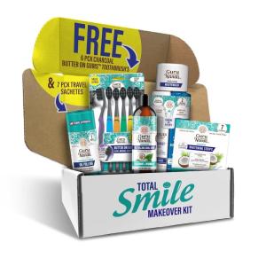 imageGuruNanda Total Smile Makeover Kit Charcoal with Cocomint Oil Pulling Dual Barrel Whitening Mouthwash Whitening Strips ampamp Charcoal Butter on Gums Toothbrushes527 Fl Oz Pack of 5