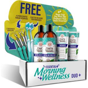 imageGuruNanda Essential Morning Wellness Duo  Coconut Oil Pulling Mouthwash ampamp Hydroxyapatite Toothpaste  Helps Promotes Fresh Breath ampamp Happy Gums FluorideFree