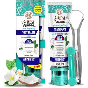 imageGuruNanda Hydroxyapatite Toothpaste SLS ampamp Fluoride Free 4 Pack Whitening Toothpaste  Freshens Breath Fights Plaque  with 2 Toothbrushes 2 Tongue Scrapers ampamp 2 Tube Squeezers4 Ounce Pack of 1
