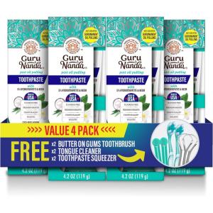 imageGuruNanda Hydroxyapatite Toothpaste SLS ampamp Fluoride Free 4 Pack Whitening Toothpaste  Freshens Breath Fights Plaque  with 2 Toothbrushes 2 Tongue Scrapers ampamp 2 Tube Squeezers42 Ounce Pack of 4