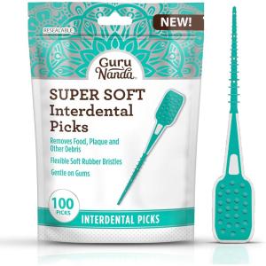 imageGuruNanda Interdental Picks Pack of 100 Super Soft ampamp Flexible Rubber Bristles Dental Floss Picks to Remove Food Debris Plaque ampamp Go Gentle on GumsToothbrush