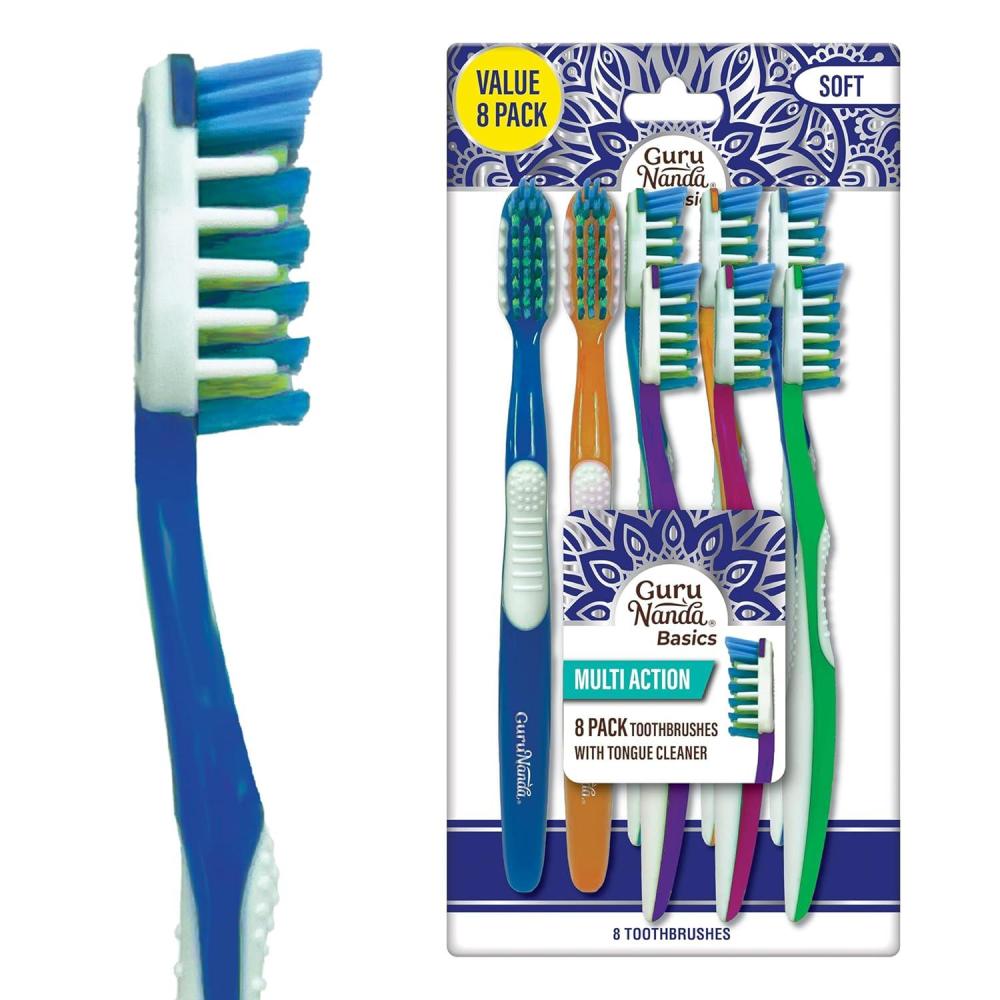 imageGuruNanda MultiAction Toothbrush with Tongue Cleaner  Soft Bristles for Sensitive Teeth ampamp Gums  Assorted Colors Pack of 8