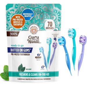 imageGuruNanda ReadytoGo Disposable Mini Travel Toothbrushes  Butter on Gums Softex Bristles PrePasted Toothbrush ampamp Toothpick  FluorideFree No Rinsing Needed 70 Ct