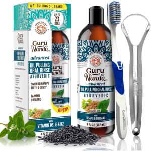 imageGuruNanda Advanced Oil Pulling with Tongue Scraper Natural Alcohol Free Mouthwash with Coconut Oil Vitamins D ampamp E for Teeth ampamp Gum Health 3x8 Fl Oz8 Fl Oz Pack of 1 