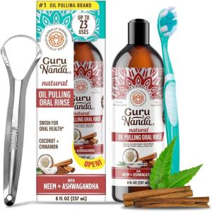imageGuruNanda Ashwagandha Oil Pulling with Neem ampamp Roman Chamomile for Fresh Breath and Happy Gums Alcohol ampamp FlourideFree Essential Oil Oral Rinse with Toothbrush ampamp Tongue Scraper 8 Oz8 Fl Oz Pack of 1