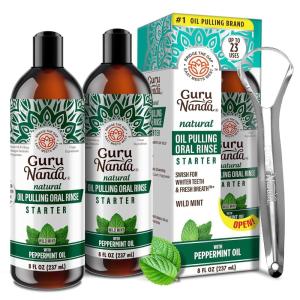 imageGuruNanda Starter Pulling Oil Mouthwash for Natural Teeth Whitening Coconut and Peppermint Oil for Fresh Breath ampamp Happy Gums AlcoholFree 8 Oz8 Fl Oz Pack of 2