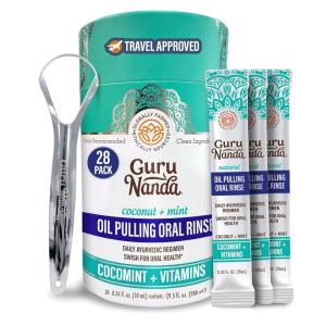 imageGuruNanda Travel Sachets Coconut Oil Pulling Promotes Fresh Breath and Happy Gums 7 Essential Oils ampamp Vitamins for Happy Teeth ampamp Gums 7 Sachets04 Fl Oz Pack of 28