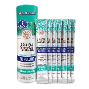 imageGuruNanda Travel Sachets Coconut Oil Pulling Promotes Fresh Breath and Happy Gums 7 Essential Oils ampamp Vitamins for Happy Teeth ampamp Gums 7 Sachets034 Fl Oz Pack of 7