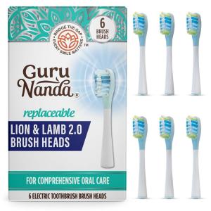imageGuruNanda Lion ampamp Lamb 20 Replacement Brush Head Pack of 6 RoundEnded Soft Bristles to Help with Plaque Control BPAFree IPX7 WaterproofWhite