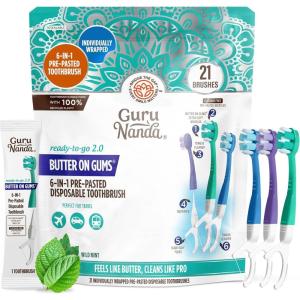 imageGuruNanda 6in1 ReadytoGo Disposable Toothbrush PrePasted Butter on Gums Softex Bristles Floss ampamp Toothpick Tongue ampamp Cheek Cleaner Individually Wrapped ampamp TSA Friendly 21 Ct