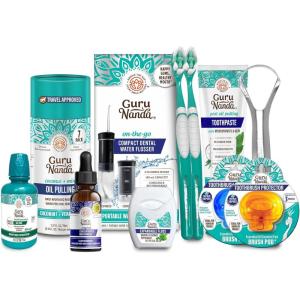 imageGuruNanda Travel Bundle Oil Pulling Sachets Hydroxyapatite Toothpaste Compact Water Flosser BOG Toothbrush Concentrated ampamp Oral Rinse Mouthwash Tongue Scraper Expandable Floss ampamp Brush Pods