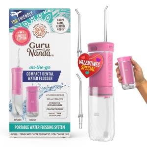 image:imageGuruNanda Valentines Day Special Compact Water Dental Flosser Portable Travel Size Oral Irrigator Flosser with Collapsible 180 ml Tank Smart Timer 4 Flossing Modes TSAFriendly  PinkPink